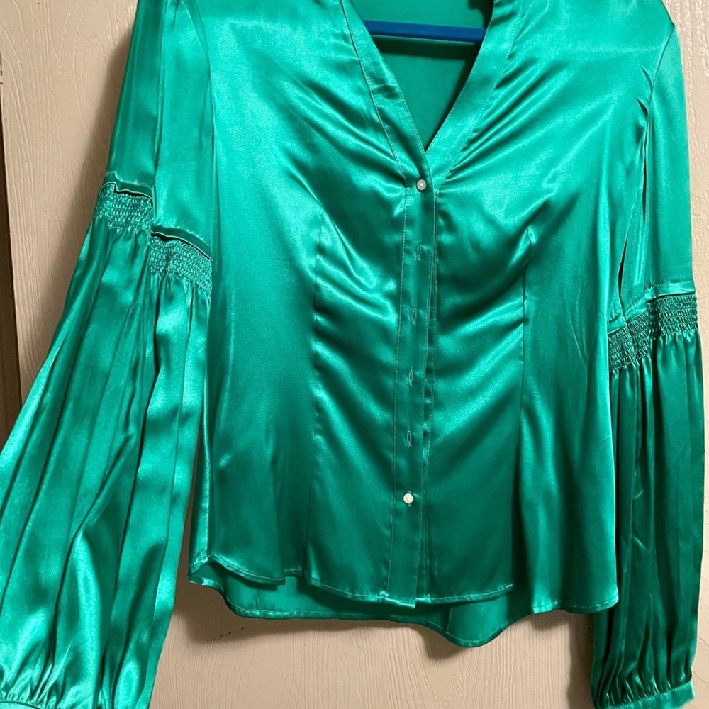 New S Express Design Studio 100% genuine Silk Satin Blouse Bubble Gathered Sleev